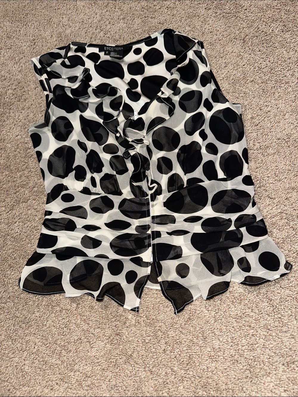 Etcetera Black & White Polka Dot Ruffle Sleeveless Blouse